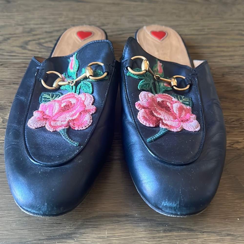 Gucci Floral Embroidered Princetown Mules/Slippers, Size 38.5